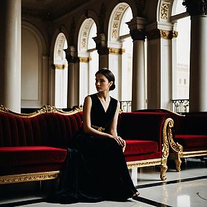 Elegant Woman in Black Gown on Antique Sofa