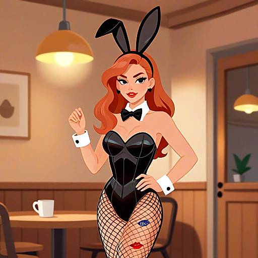 Woman in Black Bunny Costume Illustration with Fishnet Stockings