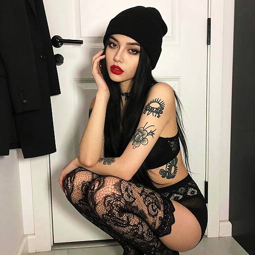 Stylish Woman in Black Lingerie and Beanie with Tattoos Sitting Indoors