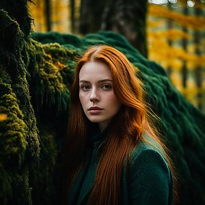 Portrait of Young Woman with Red Hair in Forest