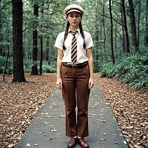 Woman in Vintage Outfit on Leafy Forest Path
