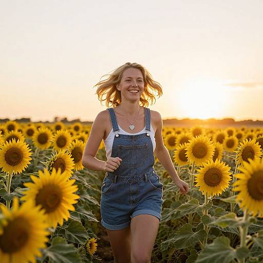 Happy Woman Running Through Sunflower Field at Sunset