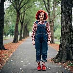 Cheerful Woman in Plaid Shirt on Tree-Lined Pathway
