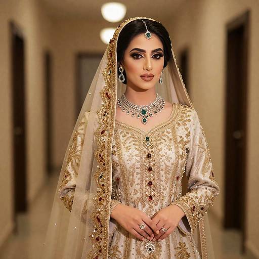 Traditional Arab Wedding Dress with Intricate Gold Embroidery and Jewelry