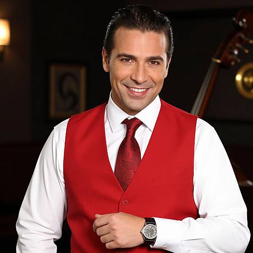 Confident Man in Red Vest and Tie Smiling in Elegant Setting