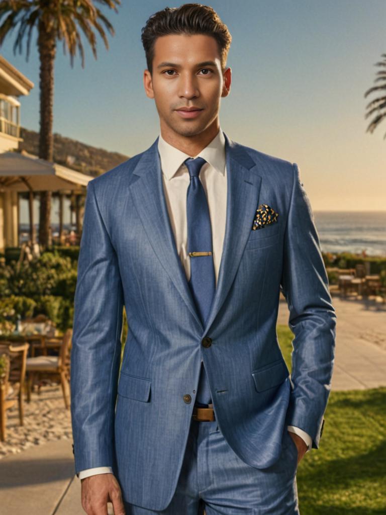 Dapper Man in Blue Suit at Coastal Backdrop