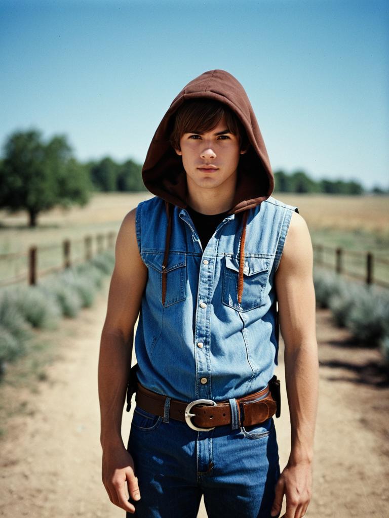 Young Man Wearing Sleeveless Denim Vest and Brown Hood in Outdoor Rural Setting