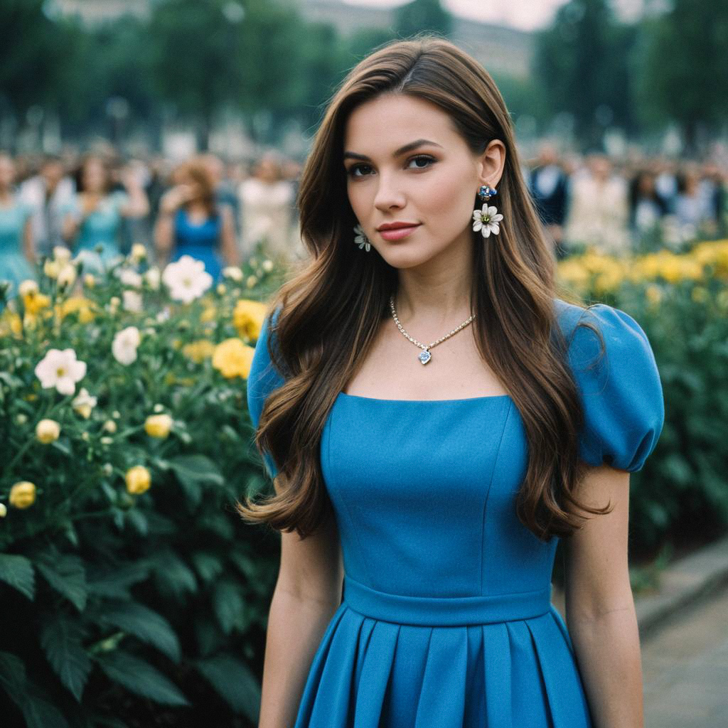 Elegant Young Woman in Garden with Flowers