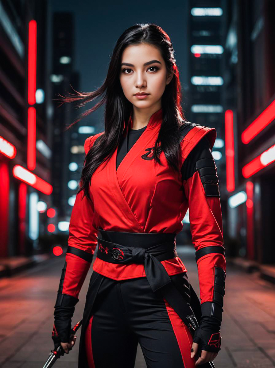 Vibrant Ninja Woman in Futuristic City