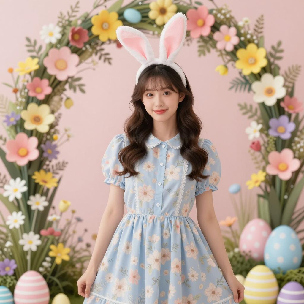 Young Woman in Floral Dress and Bunny Ears with Easter Decoration