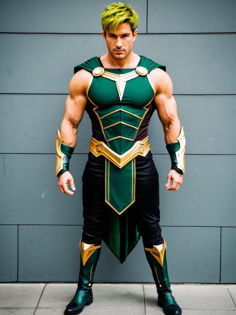Muscular Man in Green and Gold Achilles-Inspired Fantasy Armor Costume
