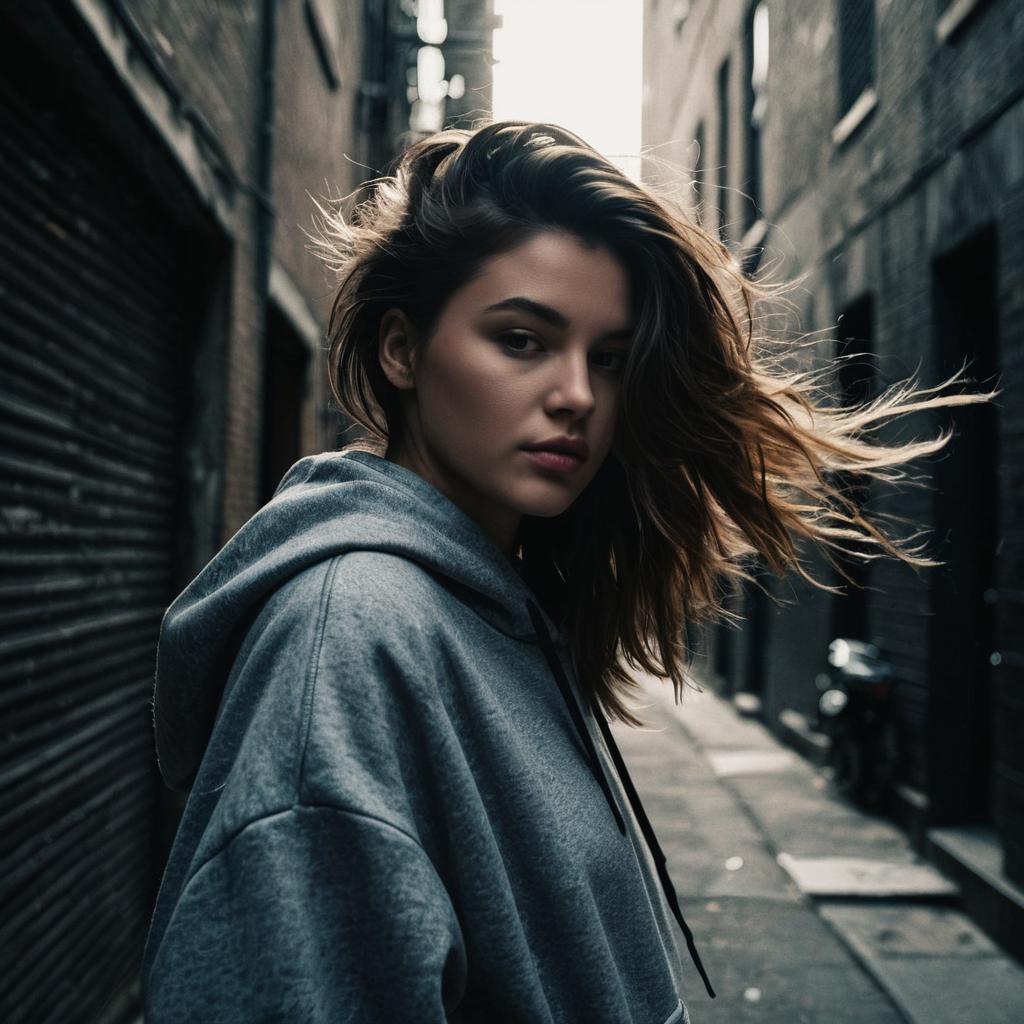 Cinematic Portrait of Young Woman in Gray Hoodie in Urban Alley