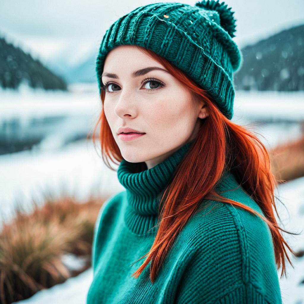 Young Woman with Red Hair in Winter Landscape Young Woman with Red Hair in Winter Landscape