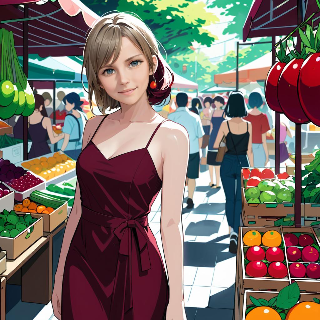 Anime Woman in Burgundy Dress at Market