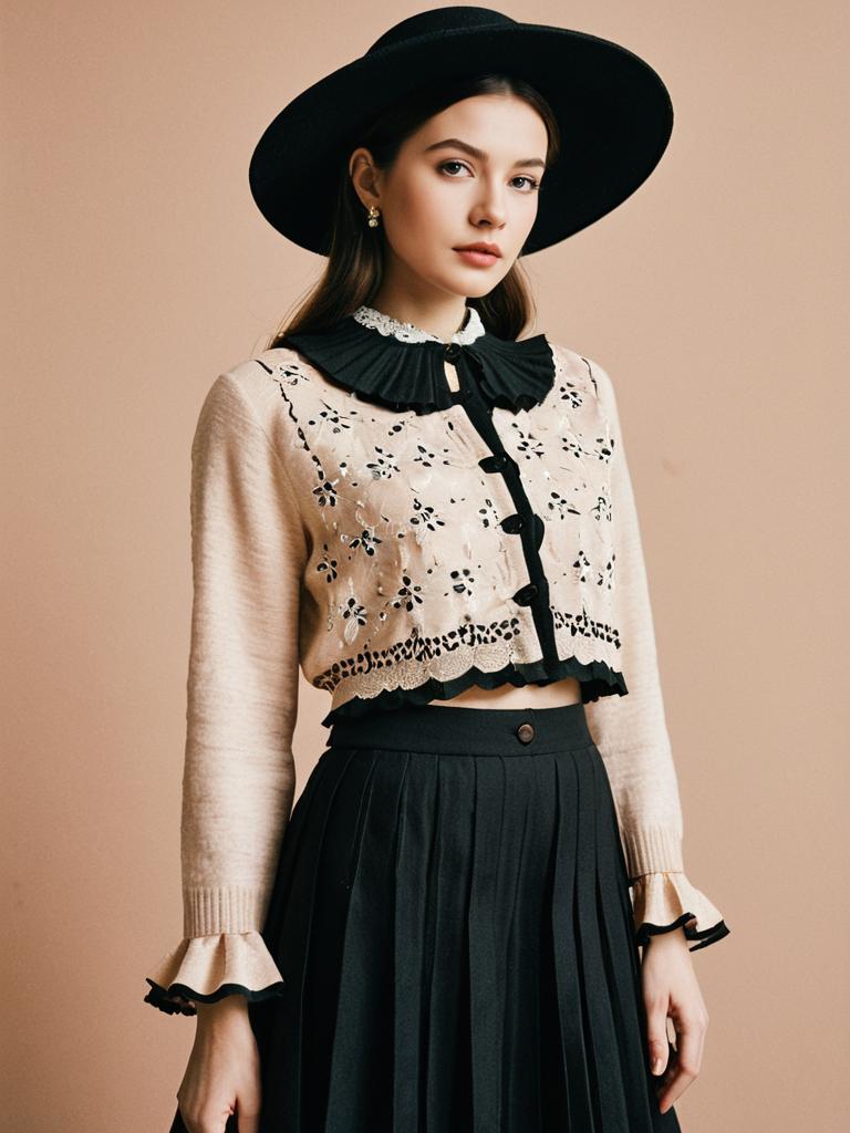 Vintage Style Woman in Embroidered Cardigan and Pleated Skirt with Black Hat