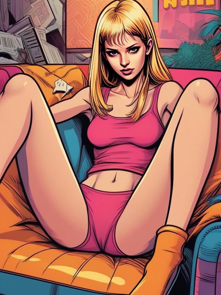 Blonde Woman in Pink Crop Top and Shorts Comic Style Illustration
