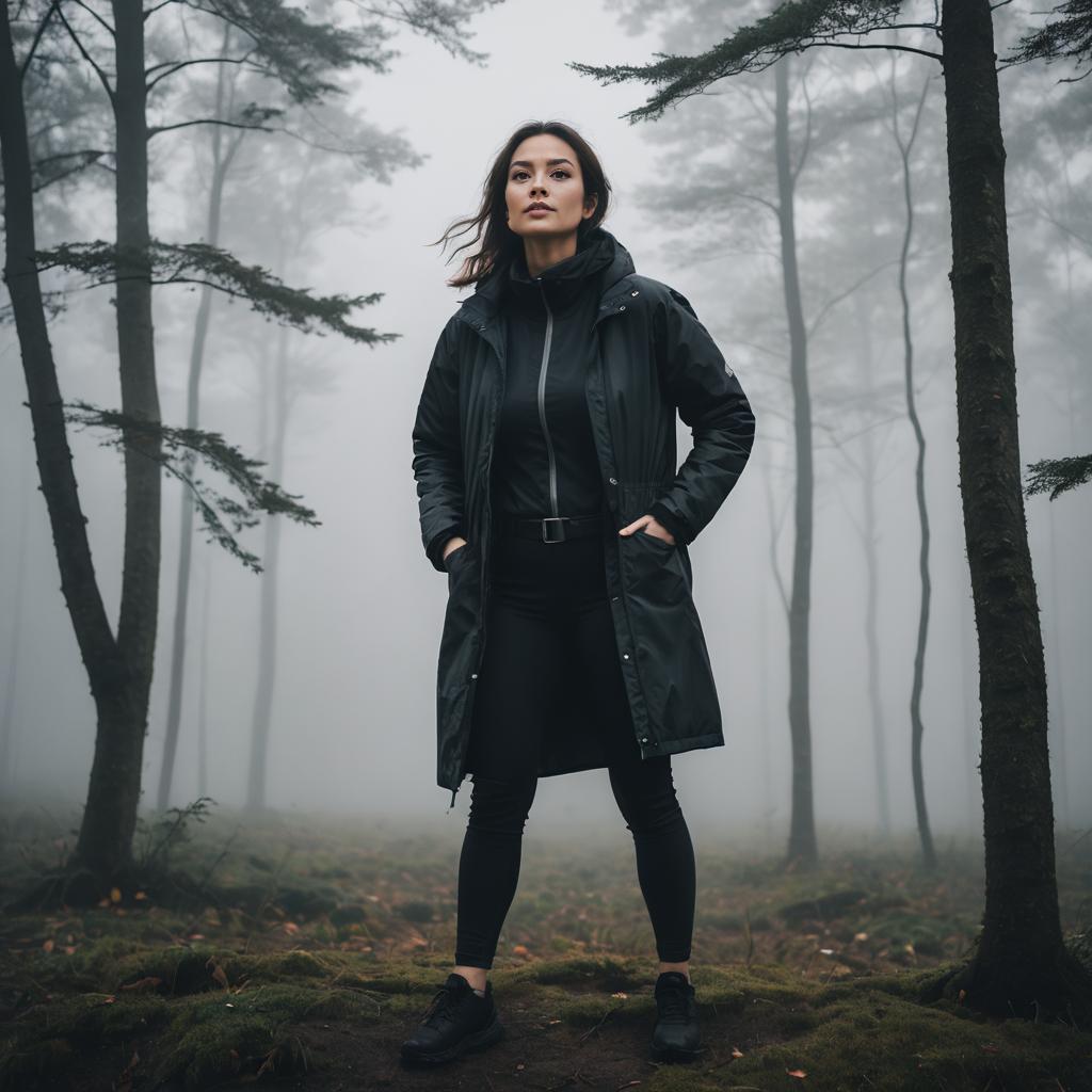 Confident Woman in Misty Forest