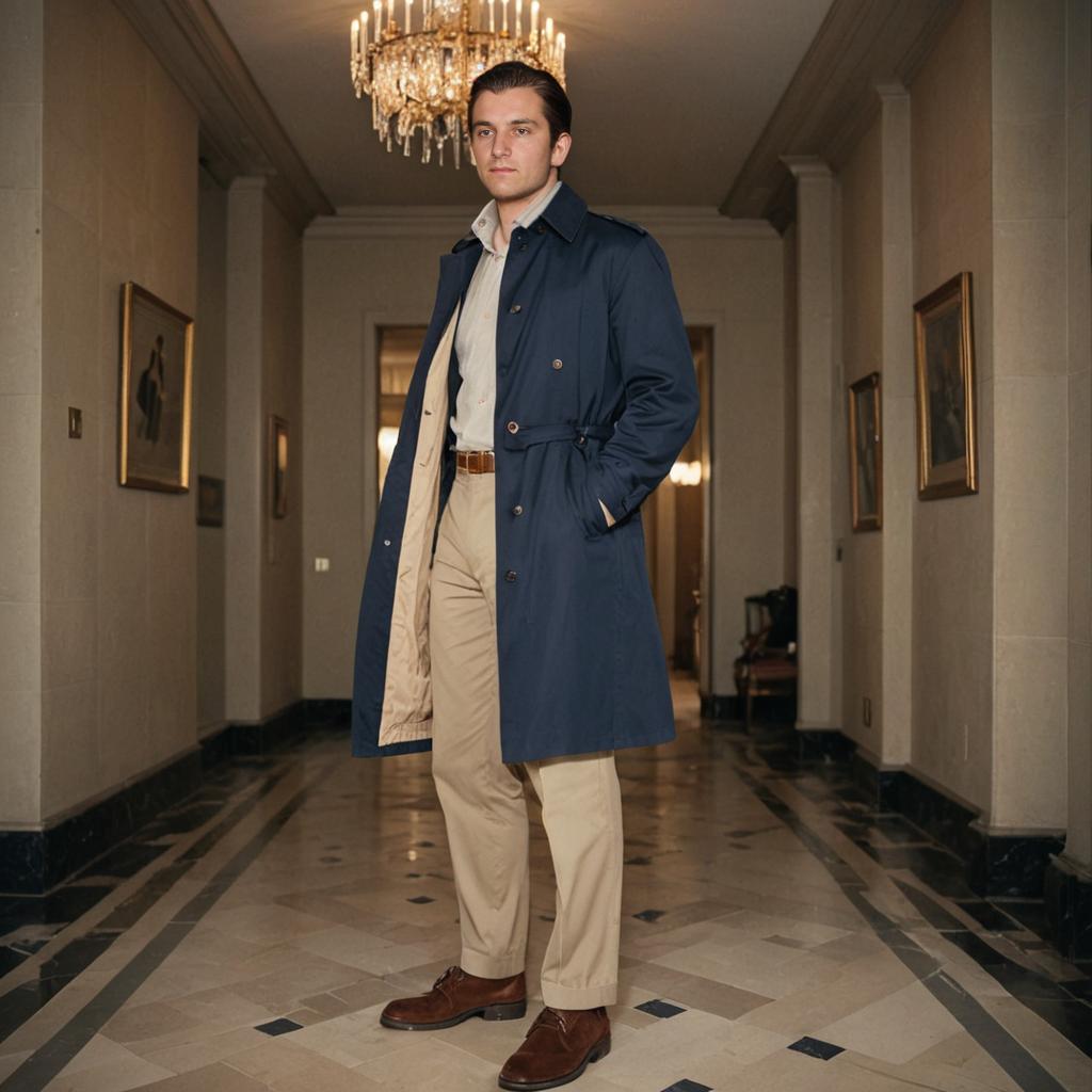 Confident Man in Stylish Trench Coat in Luxurious Corridor