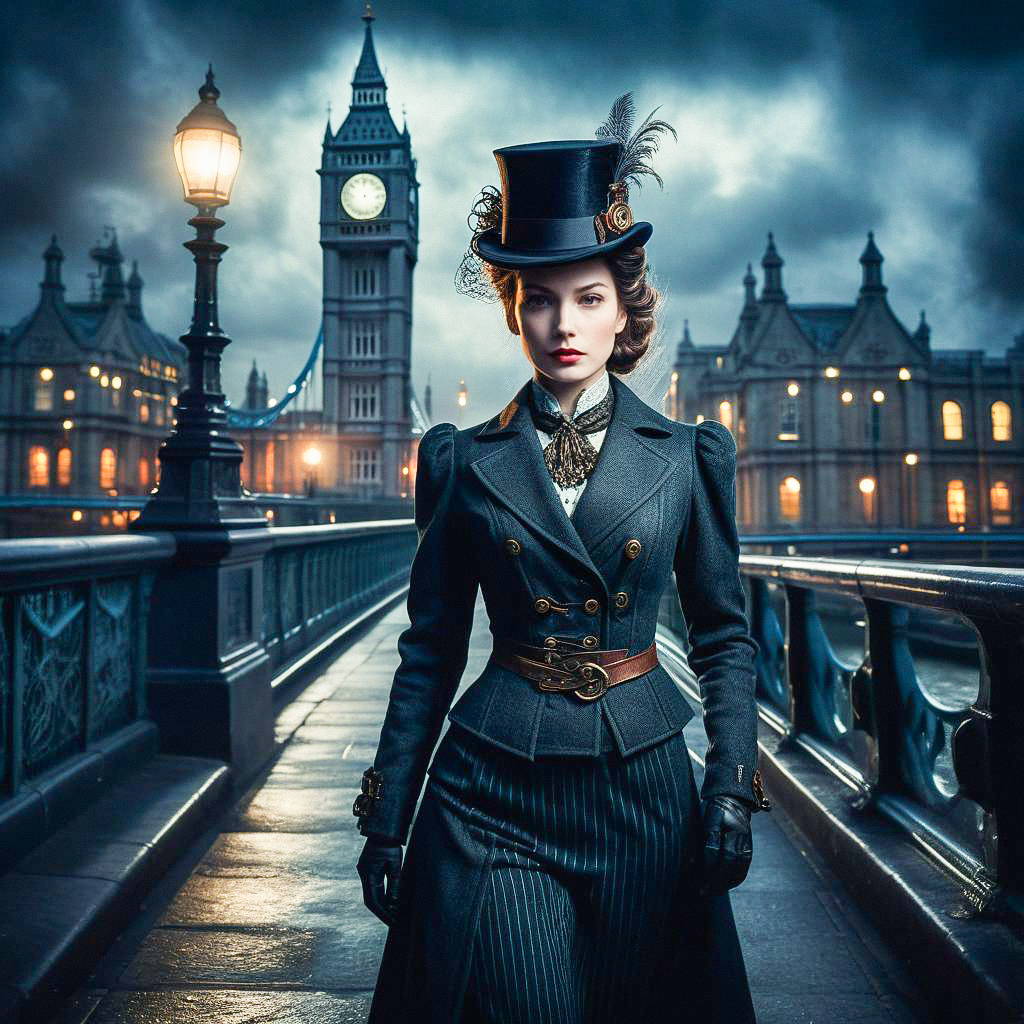 Elegant Victorian Woman on Bridge with London Skyline