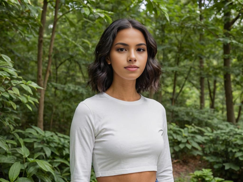 Poised Woman in White Top Surrounded by Lush Greenery