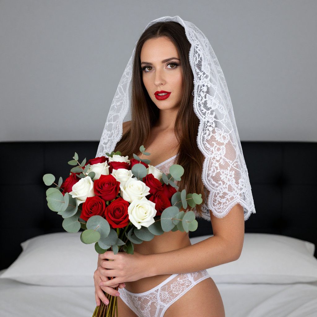 Bridal Boudoir Woman in White Lace Lingerie Holding Red and White Rose Bouquet