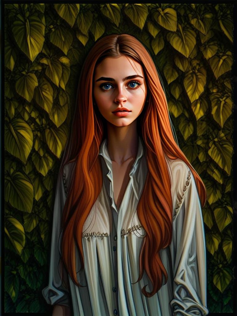 Young Woman with Reddish Hair and Blue Eyes in Green Leaves