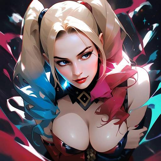 Harley Quinn Digital Anime-Style Portrait with Blue and Pink Highlights
