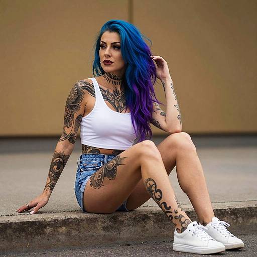 Tattooed Woman with Blue and Purple Hair Sitting on Curb in Casual Outfit