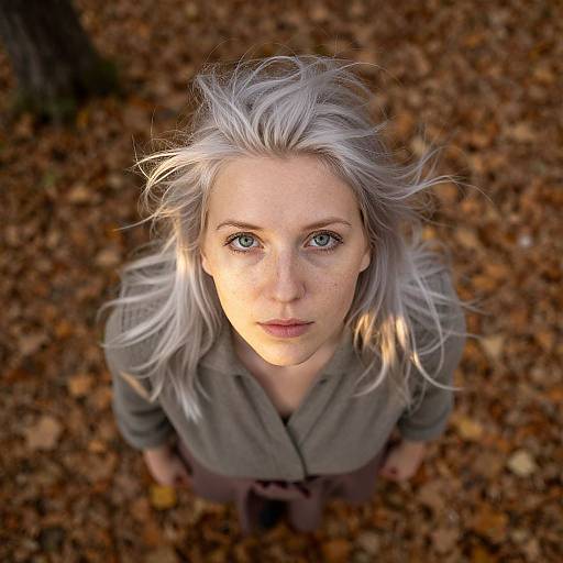 Portrait of Woman with Blonde Hair Standing on Autumn Leaves
