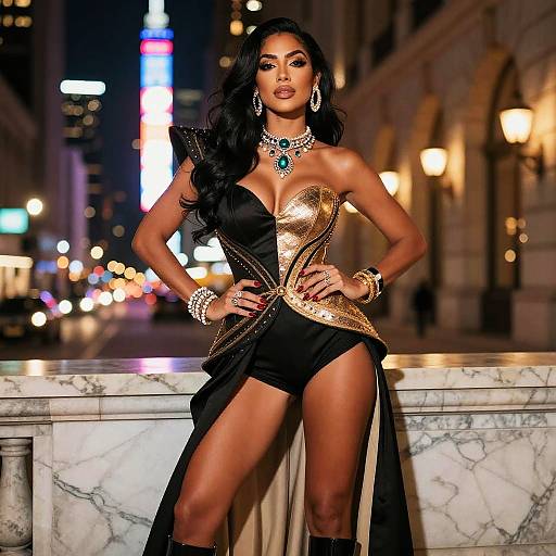 Glamorous Woman in Black and Gold Dress at Night Cityscape