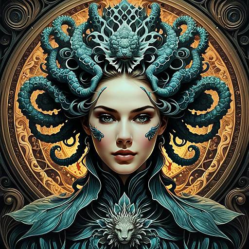 Fantasy Woman with Octopus Tentacles and Ornate Gold Background Digital Art