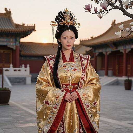 Traditional Chinese Imperial Hanfu Woman in Ancient Courtyard