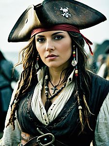 Photorealistic Woman in Jack Sparrow Pirate Costume Waist-Up