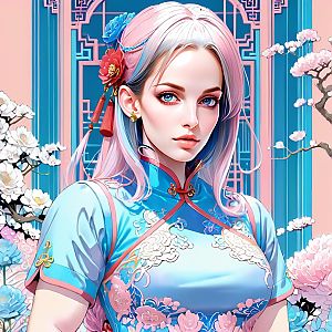 Woman in Blue Cheongsam with Floral Hair Accessories