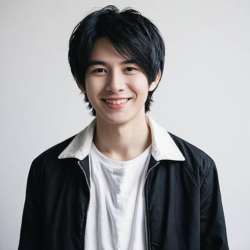 Smiling Young Man Wearing Black Jacket and White T-Shirt Portrait