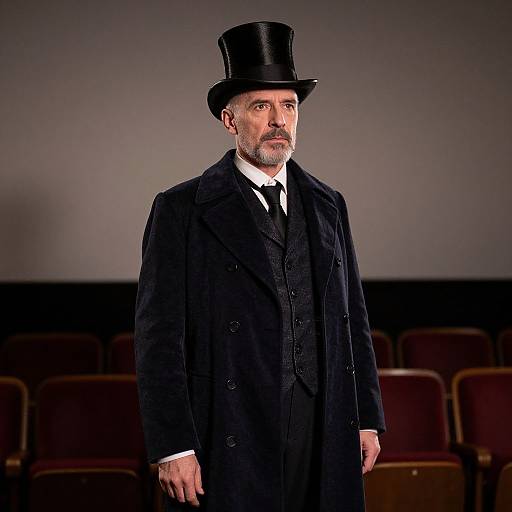 Victorian Man in Black Top Hat and Overcoat Standing in Theater