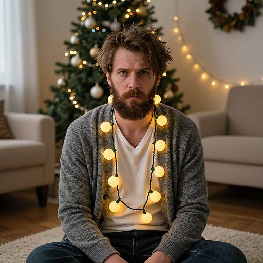 Bearded Man Wearing Christmas Lights Sitting by Decorated Tree