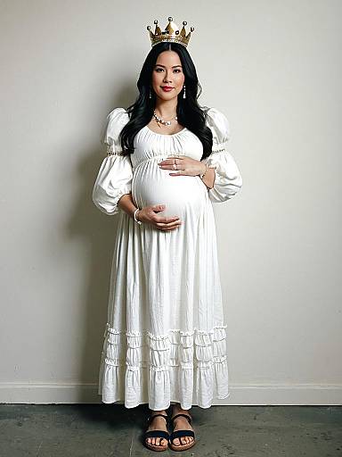 Pregnant Woman in White Dress with Crown Pregnancy Announcement