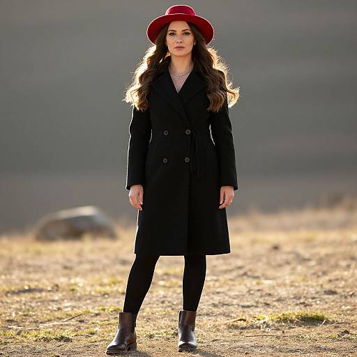 Stylish Woman in Black Coat and Red Hat Outdoors