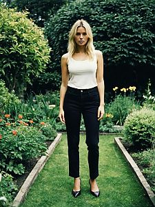 Blonde Woman in Casual Chic Outfit Standing in Lush Garden