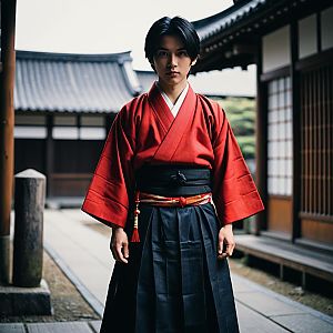 Young Man in Modern Kimono at Traditional Japanese Setting
