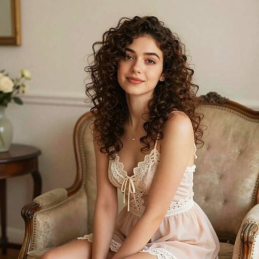 Young Woman with Curly Hair in Lace Dress Sitting on Vintage Chair