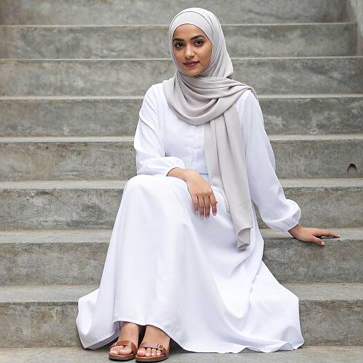 Woman in White Abaya and Beige Hijab Sitting on Concrete Steps