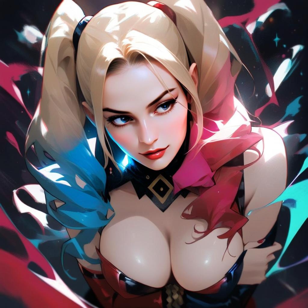 Harley Quinn Digital Anime-Style Portrait with Blue and Pink Highlights