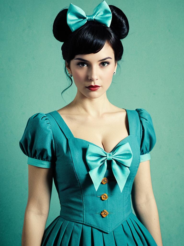 Sexy Cosplay Woman Wearing Teal Bow Costume with Double Bun Hairstyle