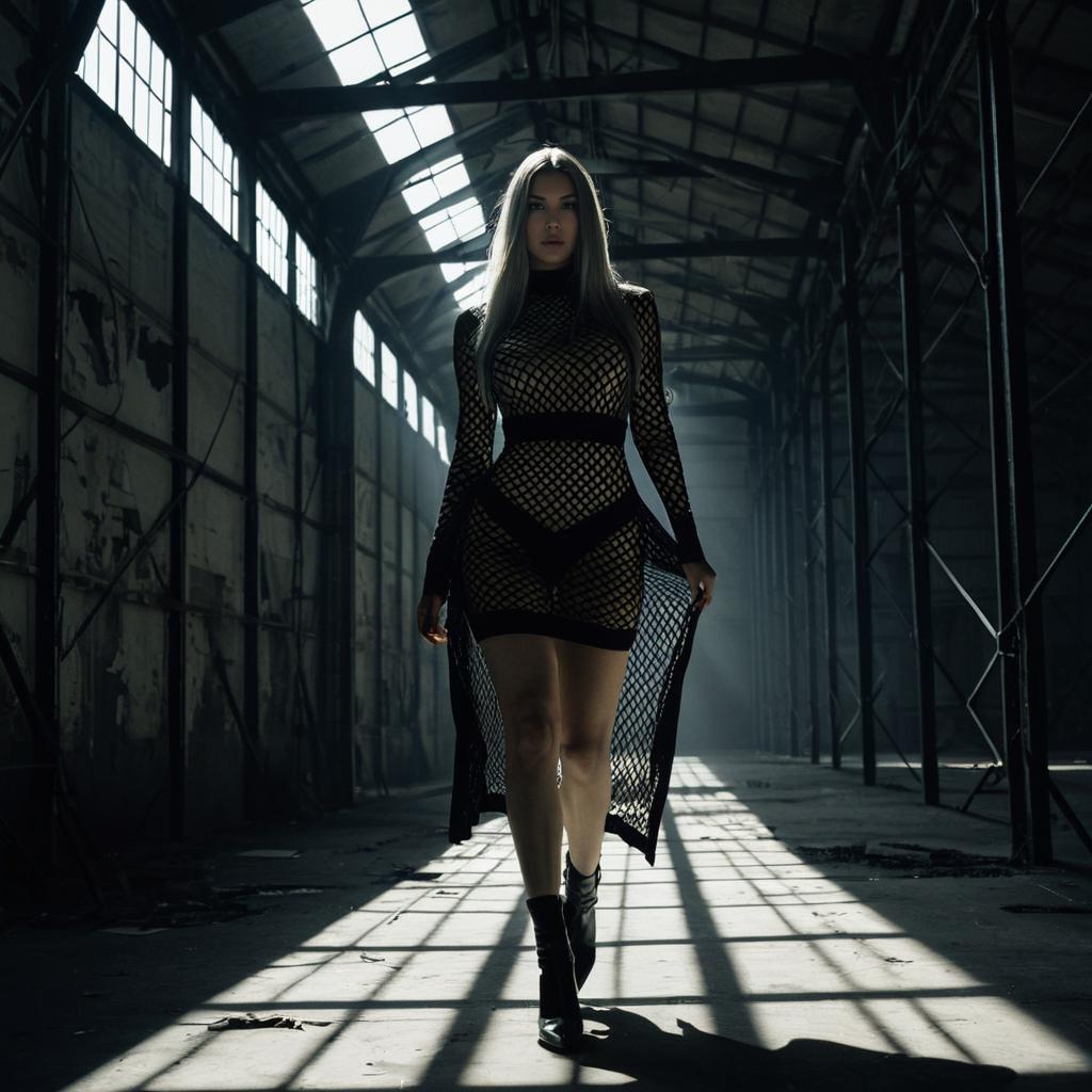 Woman in Black Mesh Dress Walking in Abandoned Industrial Warehouse