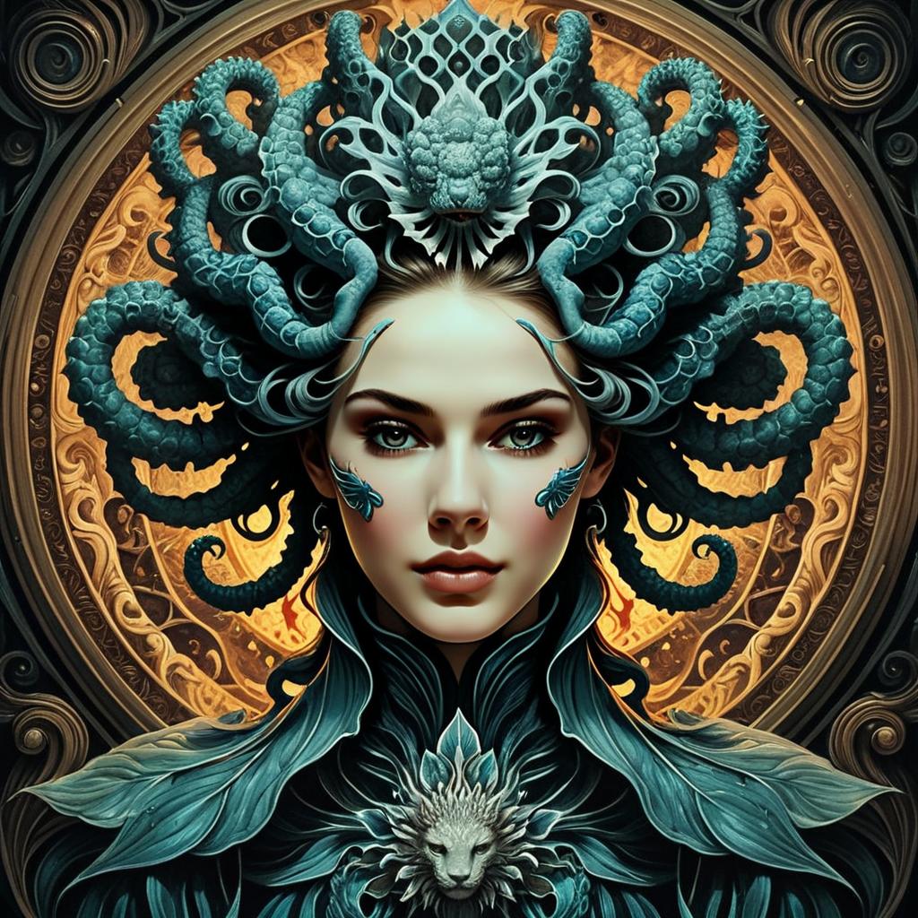 Fantasy Woman with Octopus Tentacles and Ornate Gold Background Digital Art