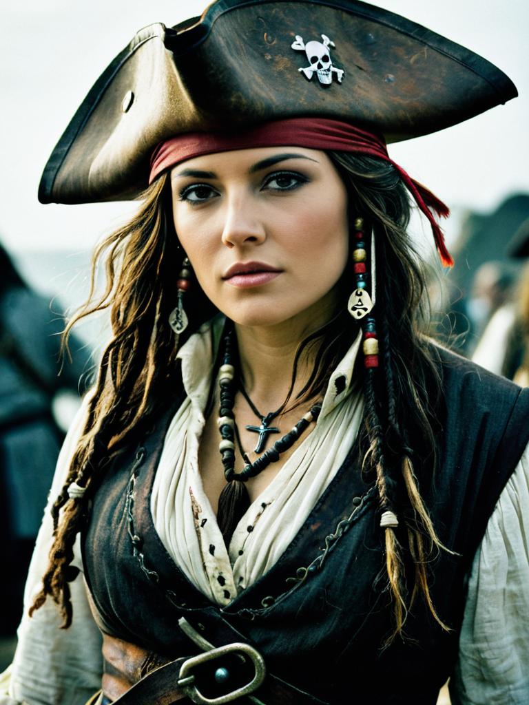 Photorealistic Woman in Jack Sparrow Pirate Costume Waist-Up
