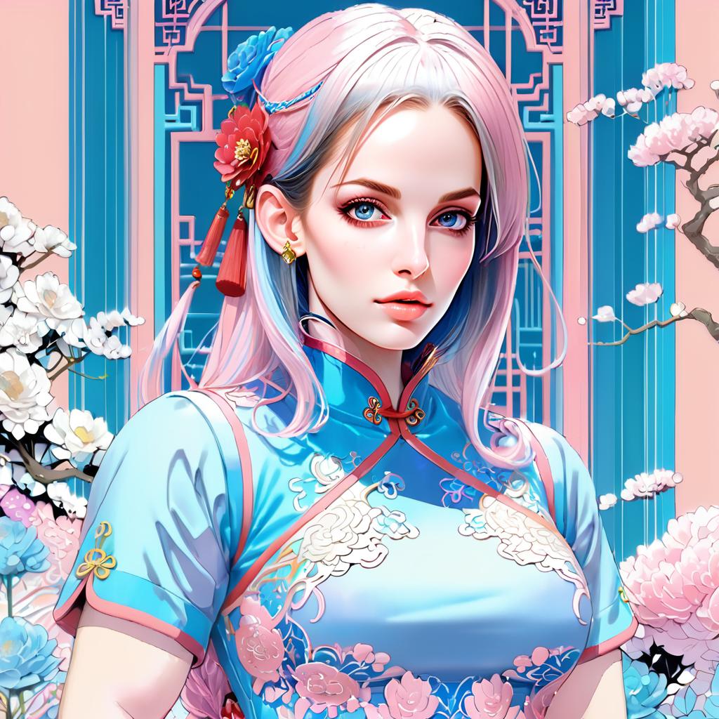 Woman in Blue Cheongsam with Floral Hair Accessories