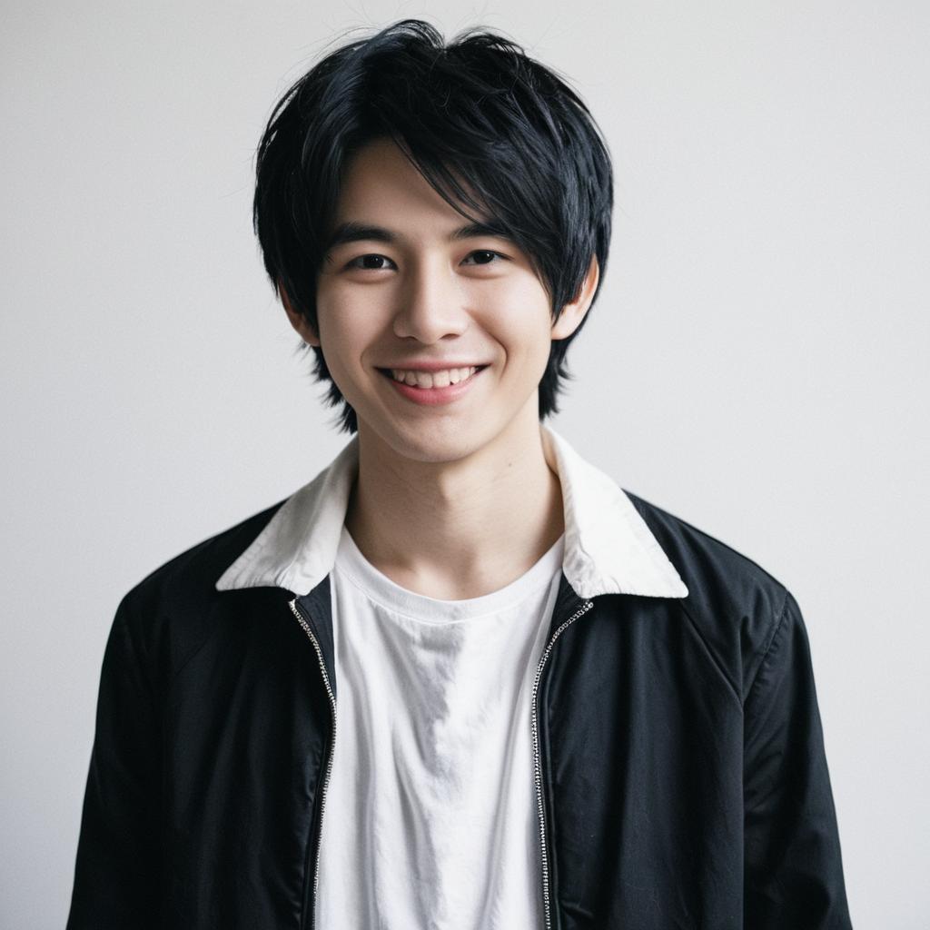 Smiling Young Man Wearing Black Jacket and White T-Shirt Portrait